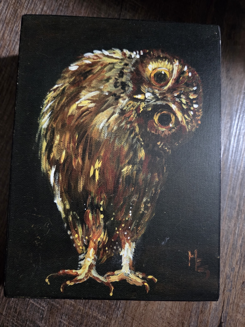 Whimsical Brown & Gold Owl Painting - Handcrafted Home Art